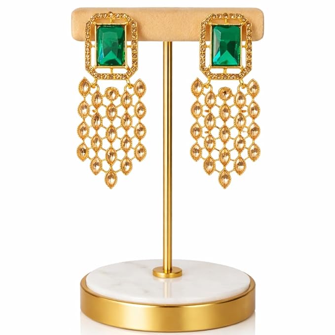 Accessher Gold Plated Indo Western Style Inspired Emerald and Rhinestones Embellished Green Stone Studded Dangle Earrings with Push Back Closure for Women and Girls| Gifting for Karwachauth | (Design 2)