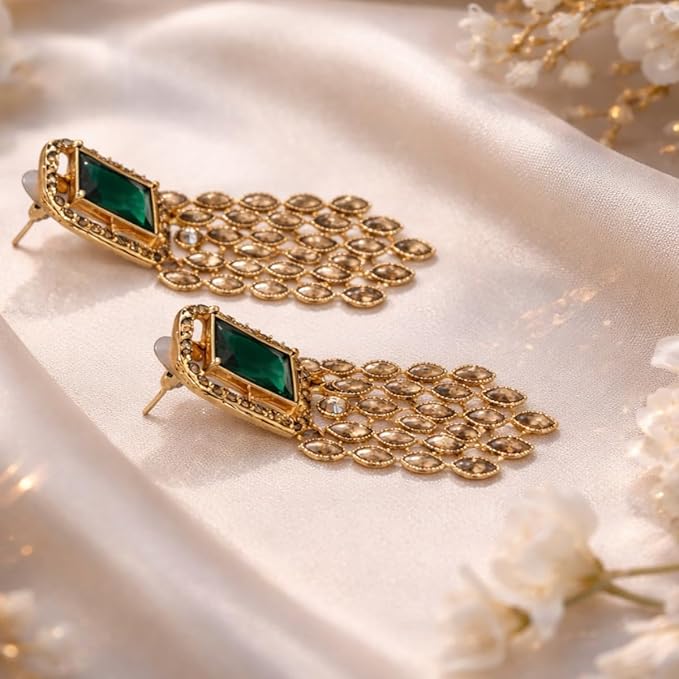 Accessher Gold Plated Indo Western Style Inspired Emerald and Rhinestones Embellished Green Stone Studded Dangle Earrings with Push Back Closure for Women and Girls| Gifting for Karwachauth | (Design 2) - Image 4