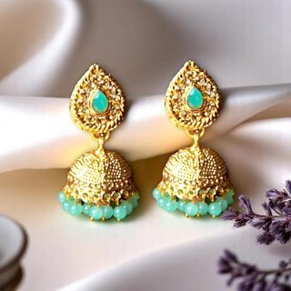 ACCESSHER Gold Plated Jhumka | Teardrop Stud Earrings with Green Beads | Latest Stylish Designer Earrings for Wedding & Festive Jewellery Look | Earrings for Women & Girls (Mint Green)