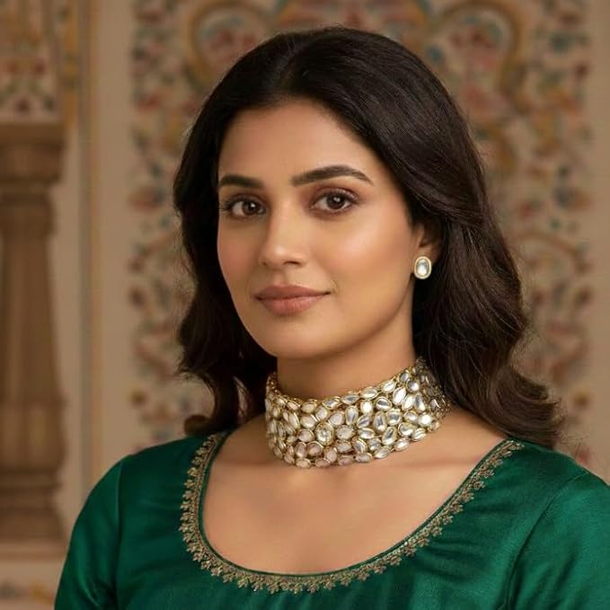 ACCESSHER Gold Plated Traditional Vilandi Kundan Embellished Statement Choker Necklace Set with Stud Earrings and Adjustable Dori for Women and Girls Pack of 1 (Golden Traditional Choker) - Image 3