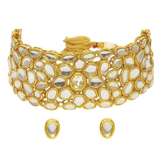 ACCESSHER Gold Plated Traditional Vilandi Kundan Embellished Statement Choker Necklace Set with Stud Earrings and Adjustable Dori for Women and Girls Pack of 1 (Golden Traditional Choker) - Image 5