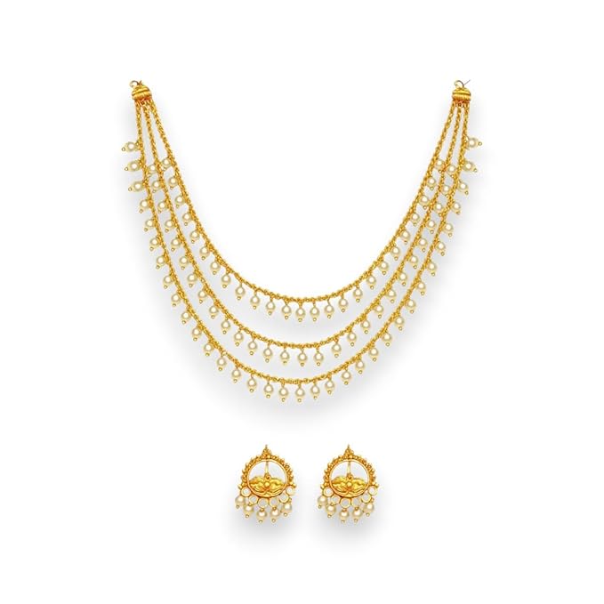 ACCESSHER Women s & Girls Elegant Gold-Plated Layered Pearl Necklace & Matching Earrings Set | Traditional Ethnic Jewelry for Weddings, Parties, Festivals & Gifting - Image 3