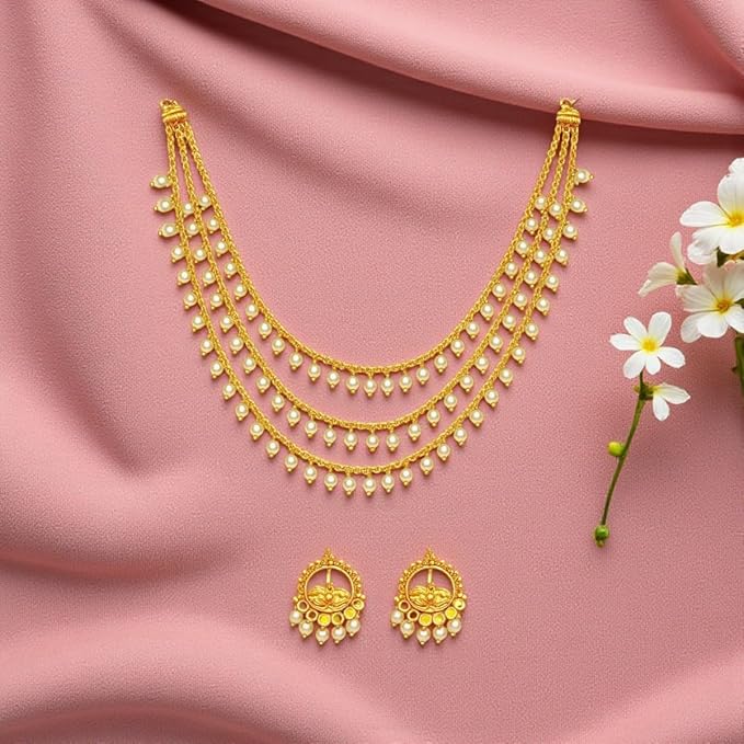 ACCESSHER Women s & Girls Elegant Gold-Plated Layered Pearl Necklace & Matching Earrings Set | Traditional Ethnic Jewelry for Weddings, Parties, Festivals & Gifting