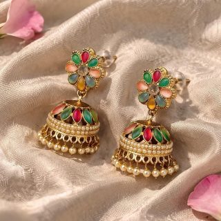 Accessher Gold Plated Multicolour Pastel Semi Precious Stones Studded Ethnic Floral Jhumka Earrings/Traditional Jhumkis for Women and Girls special and everyday wear.