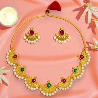 ACCESSHER Women's Traditional Gold-Plated Necklace Set with Ruby and Emerald Colored Stones | Crescent Moon Design, Pearl Beading, and Matching Earrings