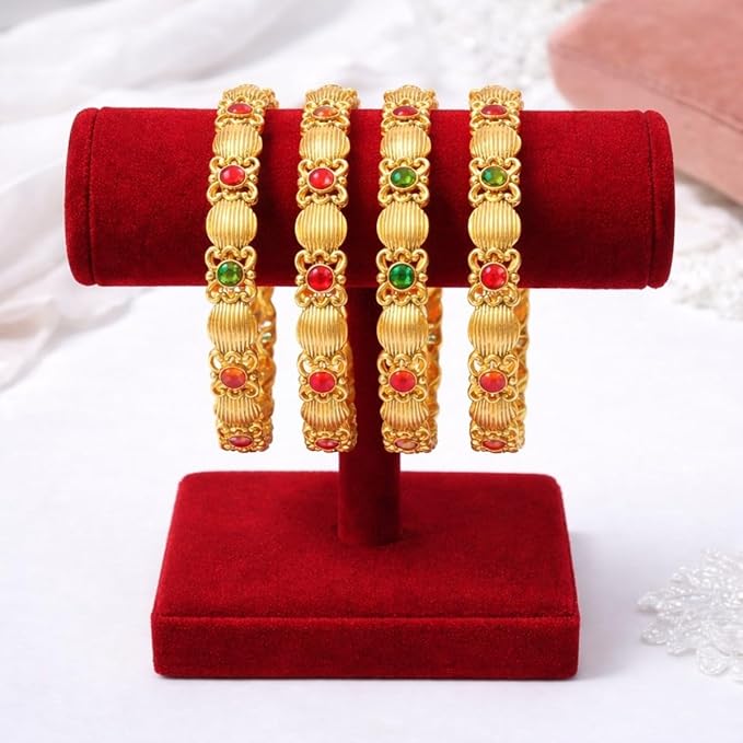ACCESSHER Gold Plated Pink & Green Artificial Stone-Studded Bangles for women and girls (Set of 4) (2.8) - Image 2
