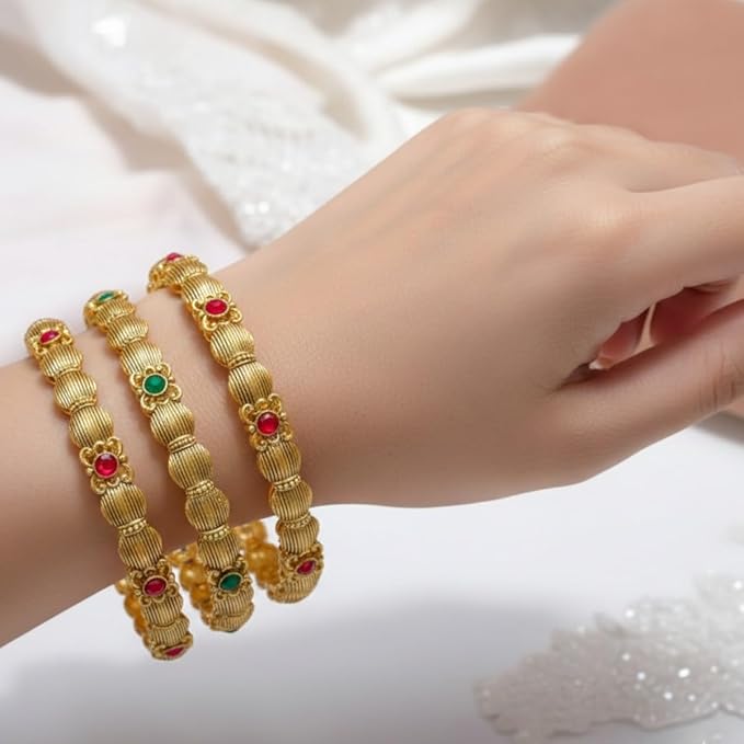ACCESSHER Gold Plated Pink & Green Artificial Stone-Studded Bangles for women and girls (Set of 4) (2.8) - Image 3