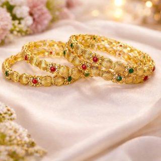 ACCESSHER Gold Plated Pink & Green Artificial Stone-Studded Bangles for women and girls (Set of 4) (2.8)