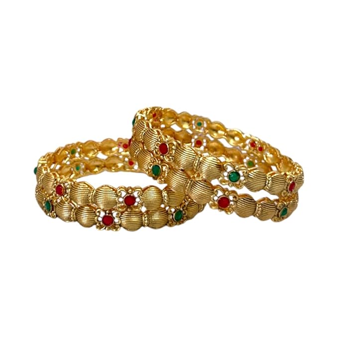 ACCESSHER Gold Plated Pink & Green Artificial Stone-Studded Bangles for women and girls (Set of 4) (2.8) - Image 4