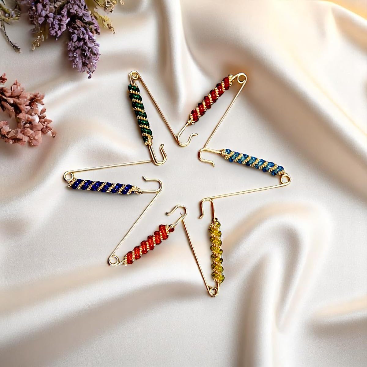 Accessher Gold Plated Stainless Steel Safety Pins with Multicolour Bead Detailing (Pack of 6)