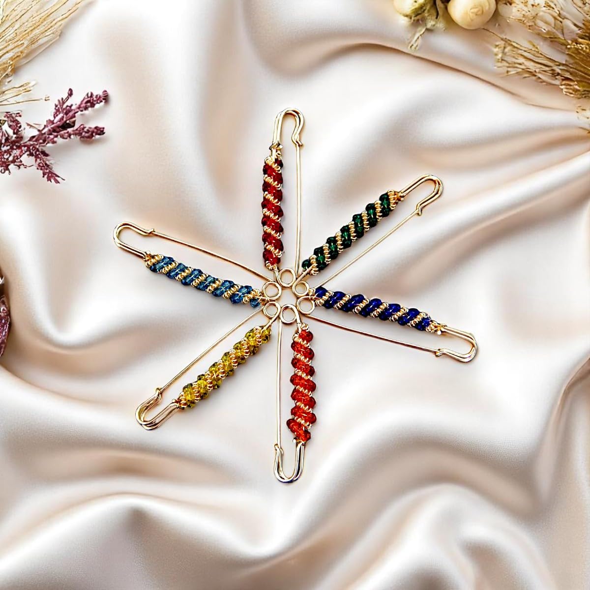 Accessher Gold Plated Stainless Steel Safety Pins with Multicolour Bead Detailing (Pack of 6) - Image 4