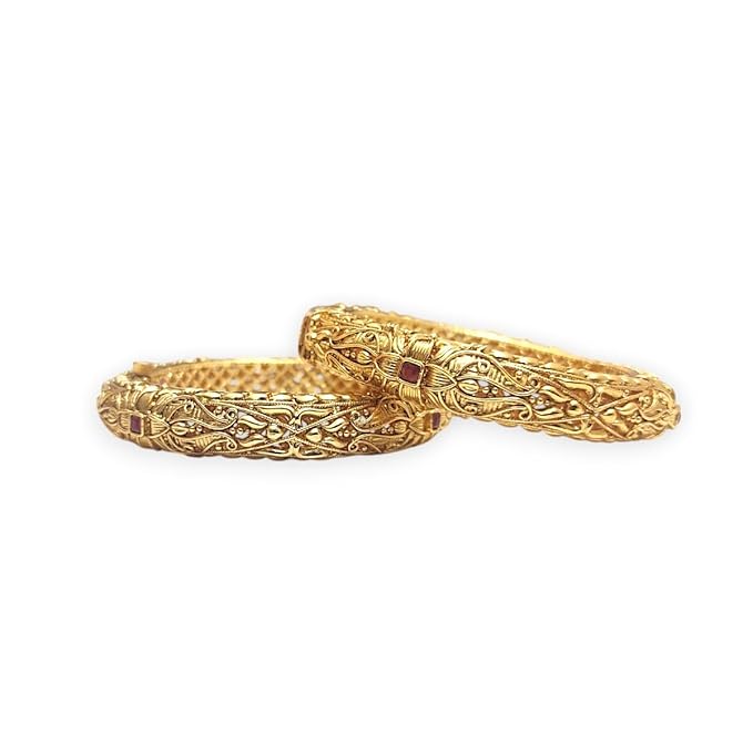 ACCESSHER Traditional Gold Plated Studded Stone Textured Handcrafted Bangles | Latest Stylish Traditional Kada Bangles for Women and Girls (Set of 2) (Design 3, 2.6) - Image 4