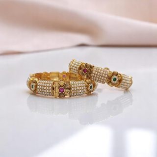 ACCESSHER Traditional Gold Plated Studded Stone Textured Handcrafted Bangles | Latest Stylish Traditional Kada Bangles for Women and Girls (Set of 2) (Design 3, 2.8)