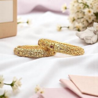 ACCESSHER Traditional Gold Plated Studded Stone Textured Handcrafted Bangles | Latest Stylish Traditional Kada Bangles for Women and Girls (Set of 2) (Design 1, 2.2)