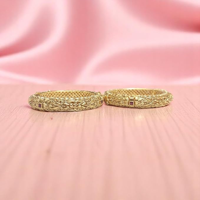ACCESSHER Traditional Gold Plated Studded Stone Textured Handcrafted Bangles | Latest Stylish Traditional Kada Bangles for Women and Girls (Set of 2) (Design 3, 2.6) - Image 3