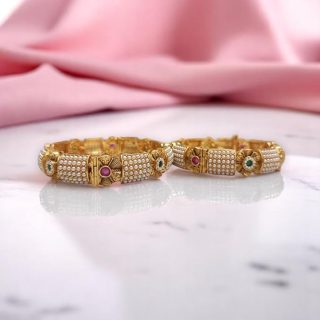 ACCESSHER Traditional Gold Plated Studded Stone Textured Handcrafted Bangles | Latest Stylish Traditional Kada Bangles for Women and Girls (Set of 2) (Design 3, 2.4)