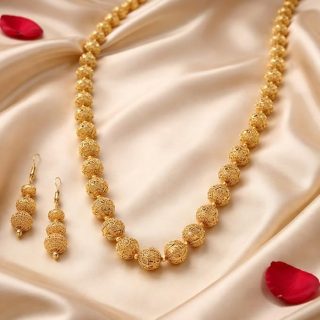 ACCESSHER Gold Plated Stylish Wedding Style Handcrafted Long Multi Strand Pearl Jaipuri Mala Necklace with Earrings Set for Women and Girls Set of 1 (Gold2) (Gold2)