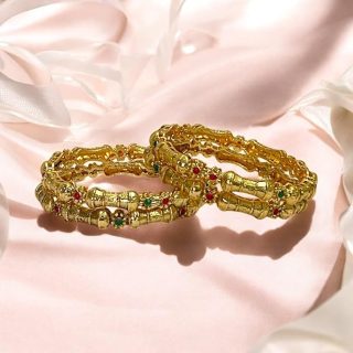 ACCESSHER Gold Plated Traditional Bangles with Red & Green Floral Stone Detailing – Indian Wedding Jewellery Set of 4