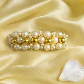 Accessher Gold Plated Traditional Freshwater Pearls and Shining Golden Beads Embedded Hair Barrette/Hair Clip/Hair Accessory for Women and Girls Pack of 1