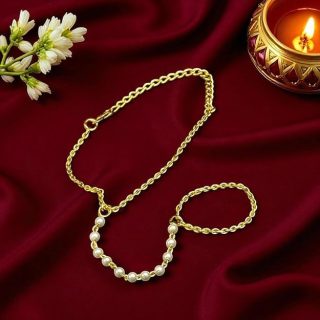 ACCESSHER Gold Plated Traditional Jewellery Inspired Delicate Tiny Pearls Chain Bracelet with Ring/Hathphool/Ring Bracelet for Women and Girls Pack of 1 (Design 2)