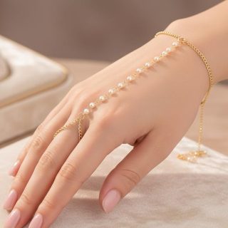 ACCESSHER Gold Plated Traditional Jewellery Inspired Delicate Tiny Pearls Chain Bracelet with Ring/Hathphool/Ring Bracelet for Women and Girls Pack of 1