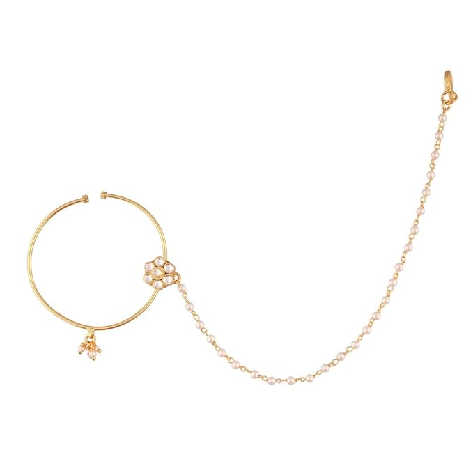 ACCESSHER Gold Plated Traditional Pachi/Jadau Kundan Embedded Bridal Statement Non Piercing/Clip On Nose Ring/Nathani with Pearl Chain for Women Pack of 1 - Image 3