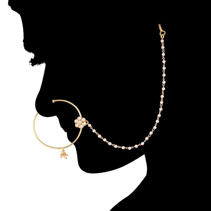 ACCESSHER Gold Plated Traditional Pachi/Jadau Kundan Embedded Bridal Statement Non Piercing/Clip On Nose Ring/Nathani with Pearl Chain for Women Pack of 1 - Image 2
