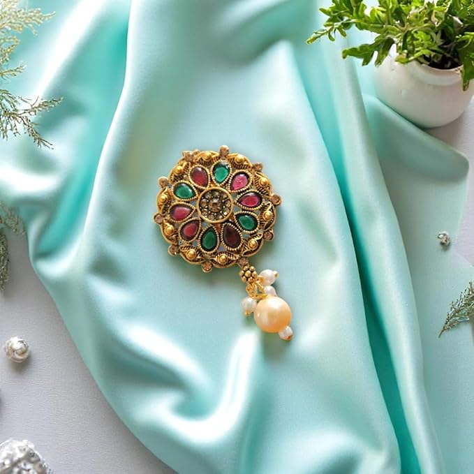 Accessher Gold Plated Antique Design Brooch & Saree Pin with Semi Precious Stone Detailing for Women & Girls