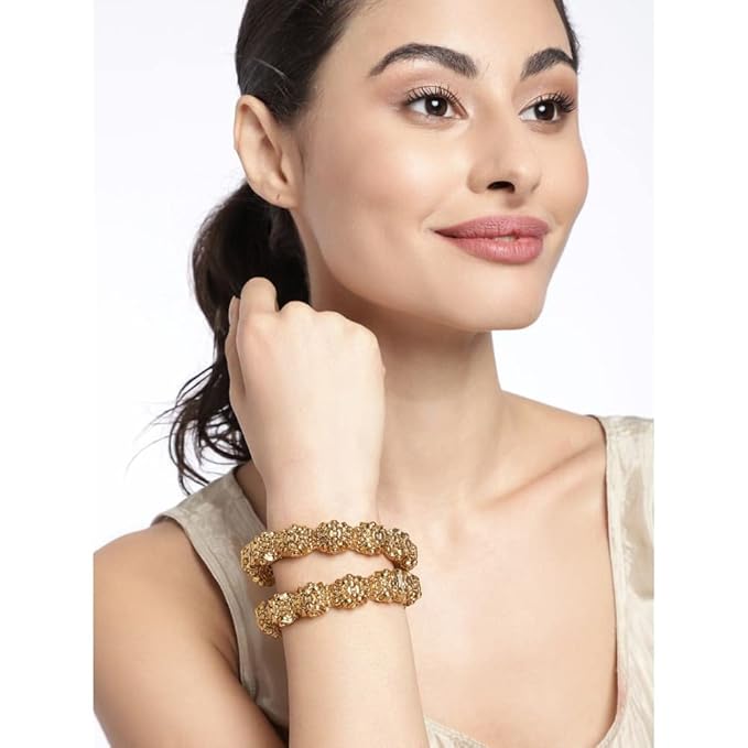 ACCESSHER Gold Plated Traditional and Ethnic Jewellery Inspired Antique Finish Screw Closure Statement Kada/Bangles/Festive Bangles Set of 2 for Women| Idel Gift for Karwachaucth (Design 1) - Image 2