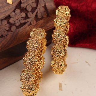 ACCESSHER Gold Plated Traditional and Ethnic Jewellery Inspired Antique Finish Screw Closure Statement Kada/Bangles/Festive Bangles Set of 2 for Women| Idel Gift for Karwachaucth (Design 1)