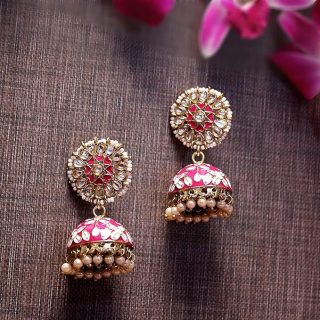 Accessher Gold Plated Traditional Pink Enamel and Kundan Embellished Floral Design Jhumki Earrings with Pearl Drops for Women and Girls | Gifting for Karwachauth |
