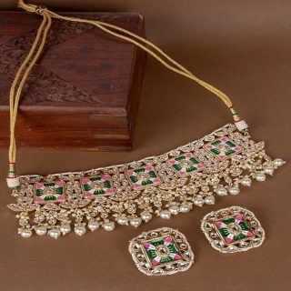 ACCESSHER Gold Plated Vilandi Kundan and American Diamond Studded Grey Enamel Embellished Statement Choker Set with Pair of Dangle Earrings for Women and Girls