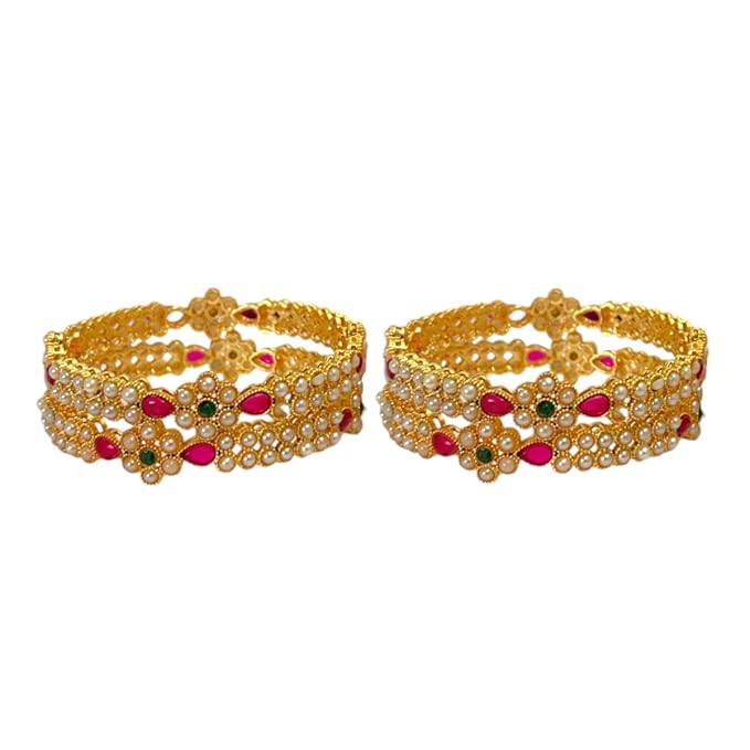 ACCESSHER Gold Plated Bangles with Cream Pearls and Pink-Green Stones and Flower Design for women and Girls (Set of 4) (2.8) - Image 2
