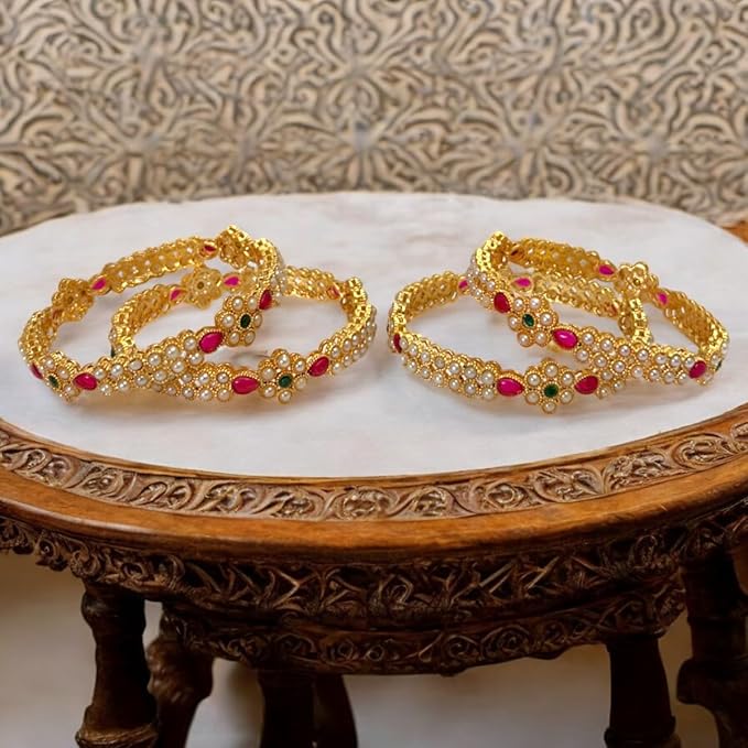 ACCESSHER Gold Plated Bangles with Cream Pearls and Pink-Green Stones and Flower Design for women and Girls (Set of 4) (2.8)