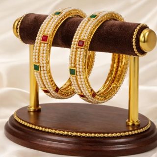 ACCESSHER Gold Plated White Pearl Beaded Bangle With Square Studded Stone For Women And Girl (Set of 4) (2.2)