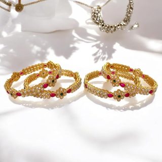 ACCESSHER Gold Plated Bangles with Cream Pearls and Pink-Green Stones and Flower Design for women and Girls (Set of 4) (2.4)