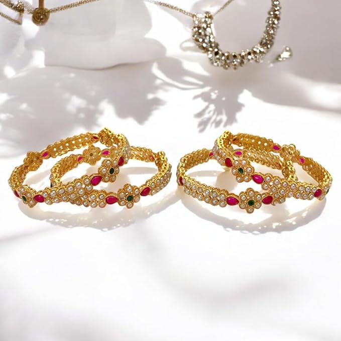 ACCESSHER Gold Plated Bangles with Cream Pearls and Pink-Green Stones and Flower Design for women and Girls (Set of 4) (2.8) - Image 4