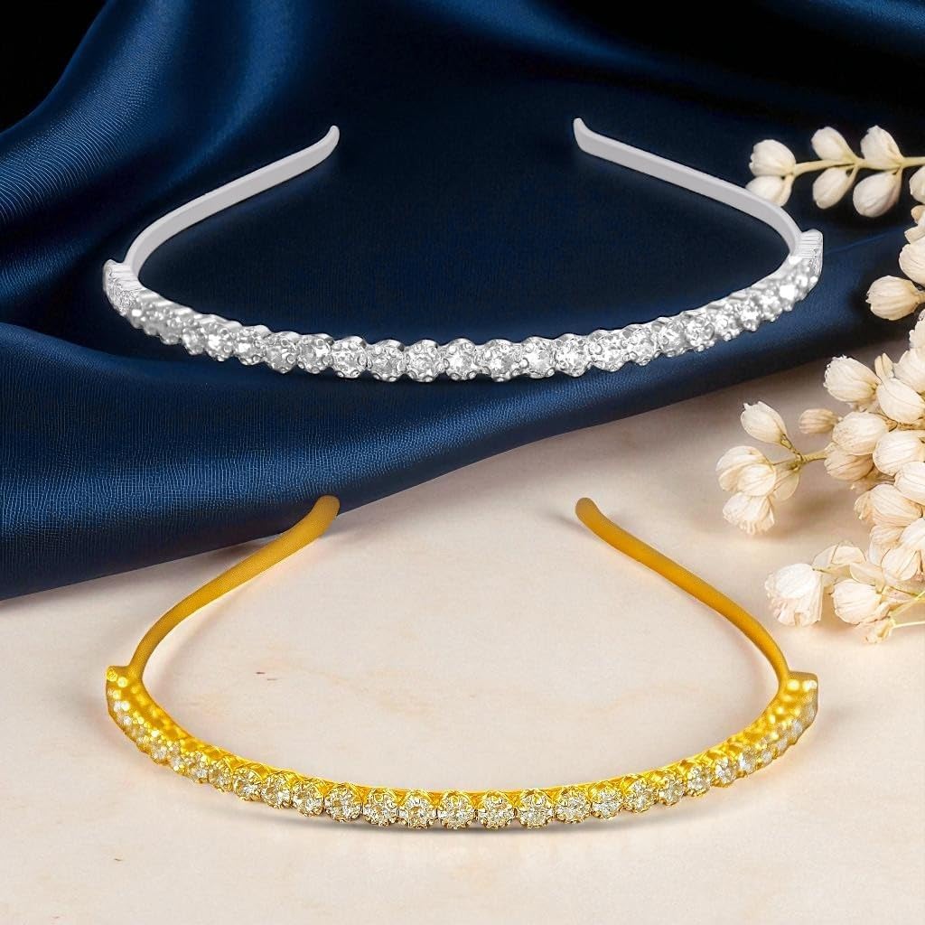 AccessHer Gold & Silver Rhinestone Hairbands for Women & Girls – Stylish Hair Hoop Accessories for Weddings, Parties & Ethnic Wear (One Size Combo)