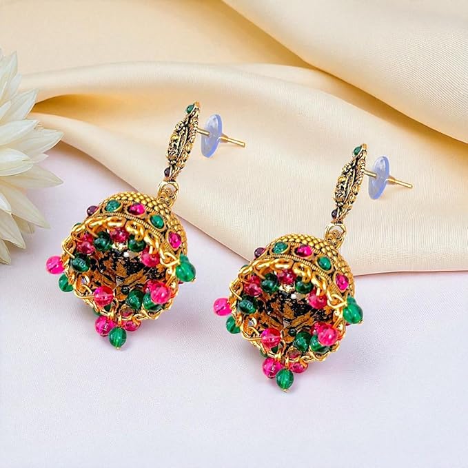 ACCESSHER Traditional Gold Tone Pearl Beaded Jhumka Earrings – South Indian Jewellery Design - Image 3