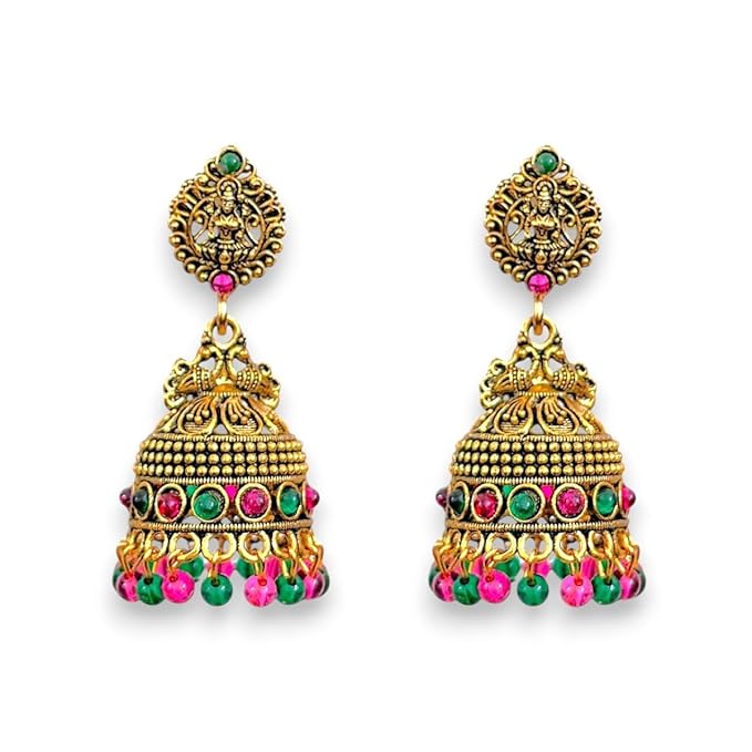 ACCESSHER Traditional Gold Tone Pearl Beaded Jhumka Earrings – South Indian Jewellery Design - Image 4