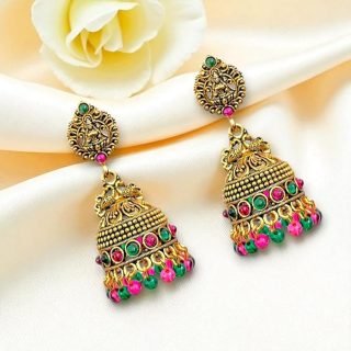 ACCESSHER Traditional Gold Tone Pearl Beaded Jhumka Earrings – South Indian Jewellery Design