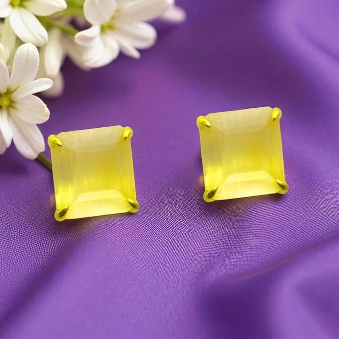 ACCESSHER Gold Tone Contemporary Square Stud Earrings in Light Yellow for Women & Girls - Trendy Fashion Jewellery