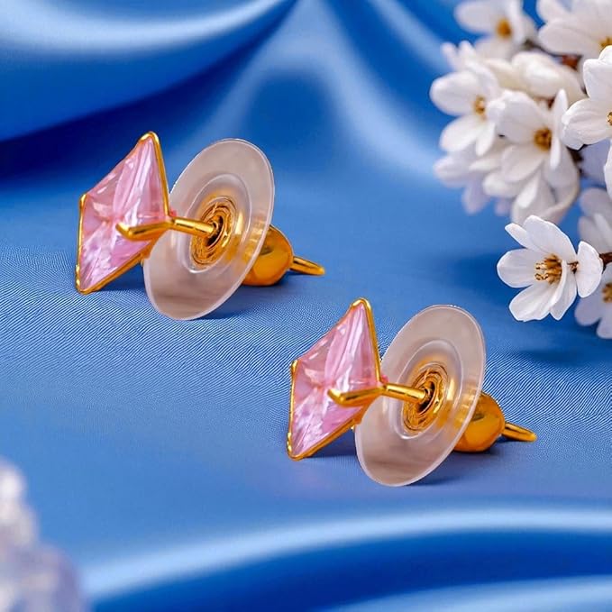ACCESSHER Gold Tone Contemporary Square Stud Earrings in Pink for Women & Girls - Trendy Fashion Jewellery - Image 3