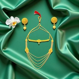 ACCESSHER Gold Toned Temple Style Necklace Set with Pearl & Multicolour Stone Earrings - Traditional Occasion Jewellery