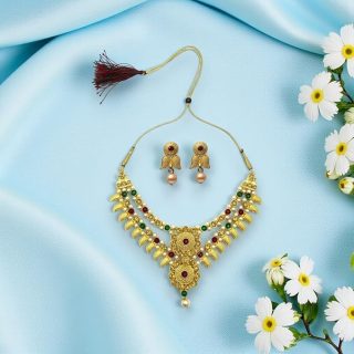 ACCESSHER Gold Toned Temple Style Necklace with Pearl & Coloured Stone Detailing - Traditional Occasion Jewellery