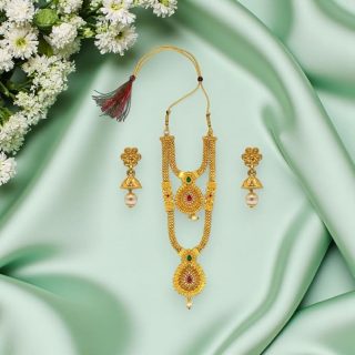 ACCESSHER Gold Toned Temple Style Necklace Set with Pearl & Traditional Occasion Jewellery