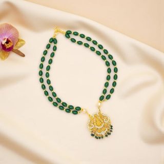 ACCESSHER Traditional Temple Necklace with Goddess Lakshmi Pendant, Pearl & Green Beaded Jewellery