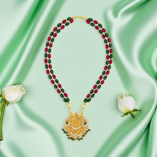 ACCESSHER Traditional Temple Necklace - Goddess Lakshmi Pendant, Pearl & Green & Rose Beaded Jewellery
