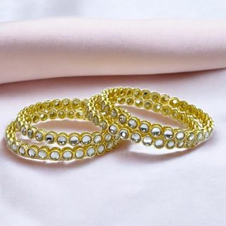ACCESSHER Gold Tone White Kundan Bangles - Gold Plated Detailing (Set of 4, Size 2.4)