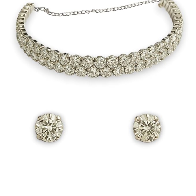 ACCESSHER Silver Tone Layered American Diamond Necklace Set for Women Stylish | Choker Necklace Set for Girls | Choker Set Trendy Design | Jewellery for Women & Girls - Image 3